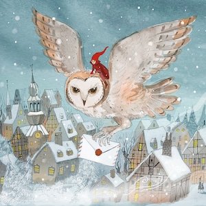 Impressão de arte de coruja, conto de fadas de inverno, coruja traz carta, arte de boas novas