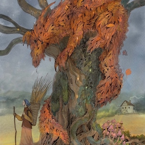 Bestia d'autunno, arte di creature magiche, stampa giclée