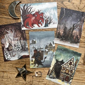 Set of 5 art Postcards: Winter Solstice, Krampus, Baba Yaga, Yule Cat Art