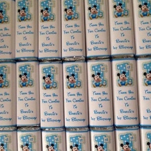 1st Birthday Mickey Mouse Blue print Personalised Chocolate Bars Party Favour