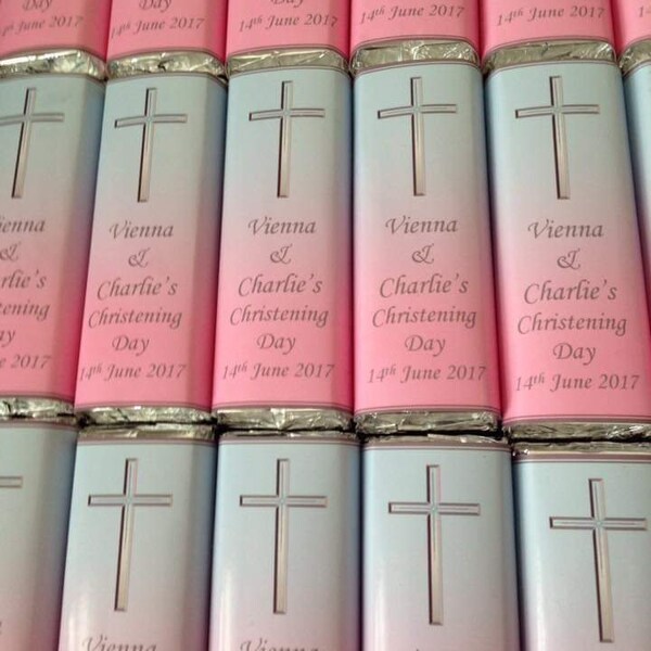 Blue and Pink Cross Christening/Holy Communion Personalised Chocolate Bars Party Favour.