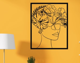 Gezicht en bloemen, minimalistische metalen kunst aan de muur, gezichtskunst, vrouwelijke metalen muur decor, muur ophangingen, vrouw silhouet, vrouwen kamer decor