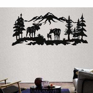 Metal Wall Art, Metal Moses Decor, Tree, Mountain, Moose Art, Home Living Room Decoration, Wildlife Lover Gift, Wall Hangings Metal Art Work