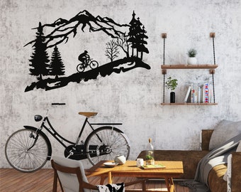 Metal Wall Decor, Metal Biker Wall Art, Mountain Tree and Cyclist Wall Art, Bicycle Lover Gift, Home Decoration, Wall Hangings