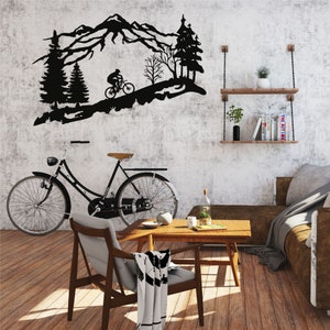 Metal Wall Decor, Metal Biker Wall Art, Mountain Tree and Cyclist Wall Art, Bicycle Lover Gift, Home Decoration, Wall Hangings