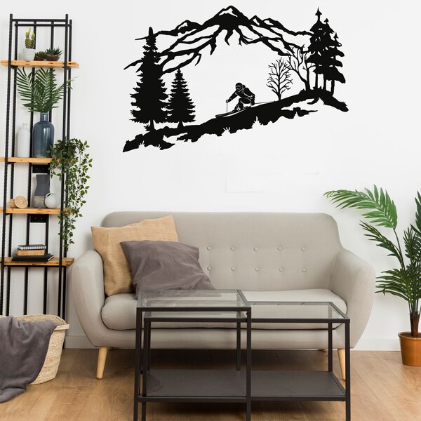 Metal Wall Decor, Metal Skier Wall Art, Mountain and Trees Wall Art,  Ski Lover Gift, Office Home Decoration, Wall Hangings, Metal Sign