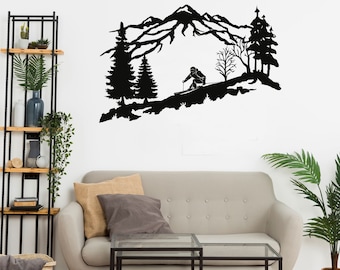 Metal Wall Decor, Metal Skier Wall Art, Mountain and Trees Wall Art,  Ski Lover Gift, Office Home Decoration, Wall Hangings, Metal Sign