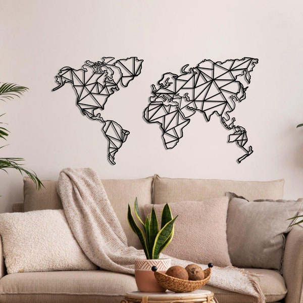 Metal World Map Wall Art, 2 Pieces Geometric World Map Decor, Metal Wall Decor, Interior Decoration, Wall Hanging, Home Living Room Decor