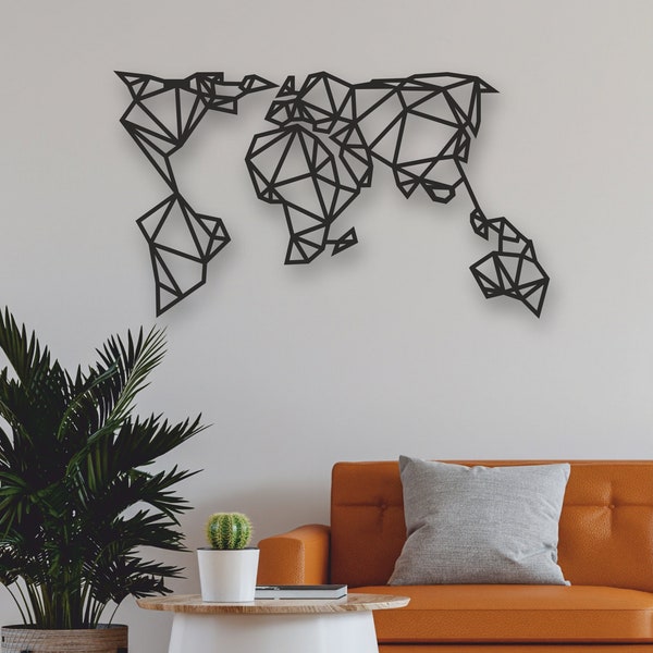 Metal World Map Wall Art, Geometric World Map Decor, Metal Wall Decor, Interior Decoration, Wall Hanging, Home Office Living Room Decor