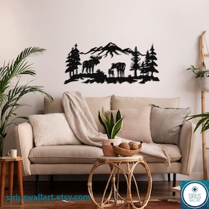Metall Wandkunst, Metall Moses Dekor, Baum, Berg, Elch Kunst, Haus Wohnzimmer Dekoration, Geschenk für Wildtier-Liebhaber, Wandbehänge Metall Kunstwerk