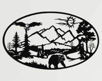 Metal Wall Art, Nature Decor, Metal Mountain Art, Metal Bear Forest Decor, Home Office Decoration, Wildlife Lover Gift, Wall Hangings