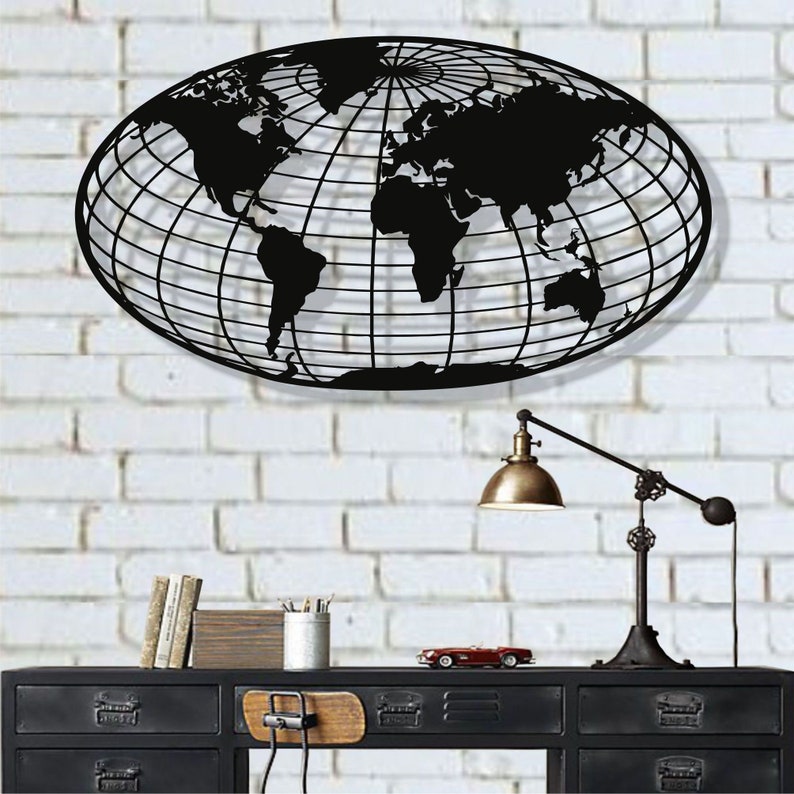 Metal World Map Wall Art World Map Globe Metal Wall Decor Etsy