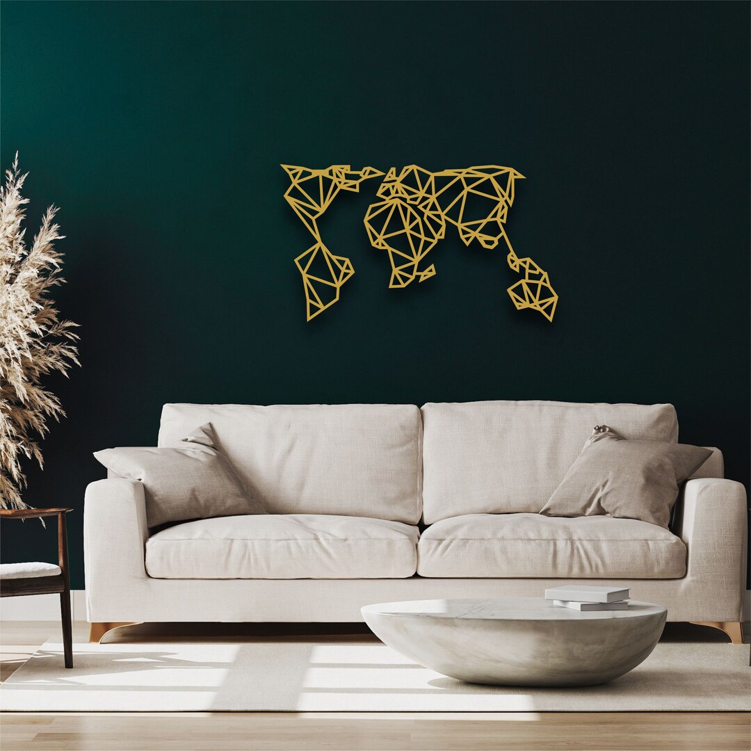 Gold Metal World Map Wall Art Geometric World Map Decor Etsy