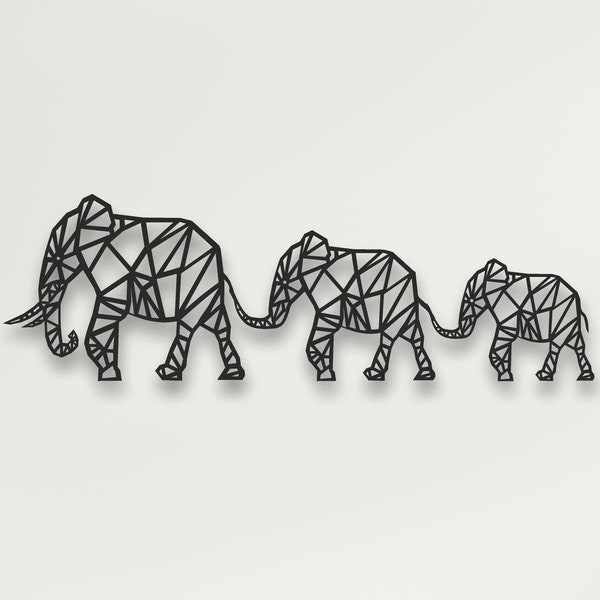 Decoración de pared de metal, Familia geométrica de elefantes, Decoración de elefantes de metal, Colgante de pared, Arte de pared de la sala de estar en el hogar, Arte de pared de elefante