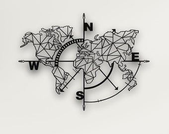 Metal World Map Wall Art, Geometric World Map Compass, Metal Wall Decor Home Office Decoration, Wall Hanging, Black White Gold Silver Bronze