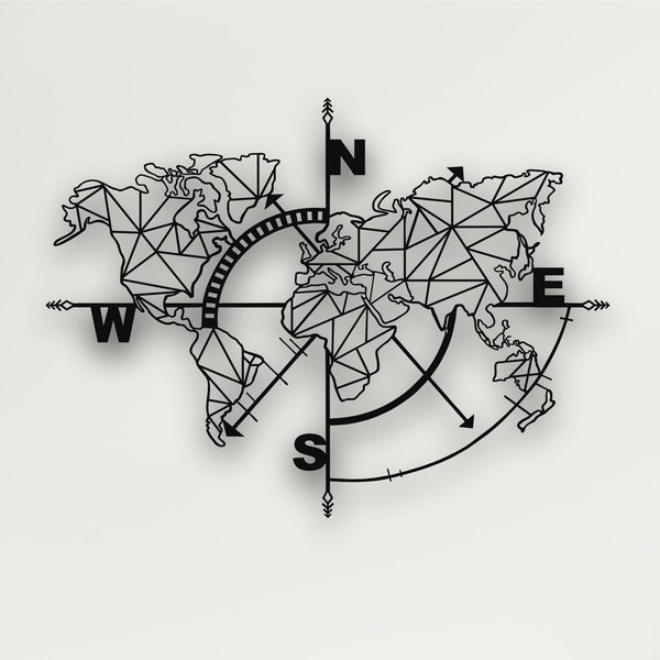 Metal World Map Wall Art, Geometric World Map Compass, Metal Wall Decor Home Office Decoration, Wall Hanging, Black White Gold Silver Bronze