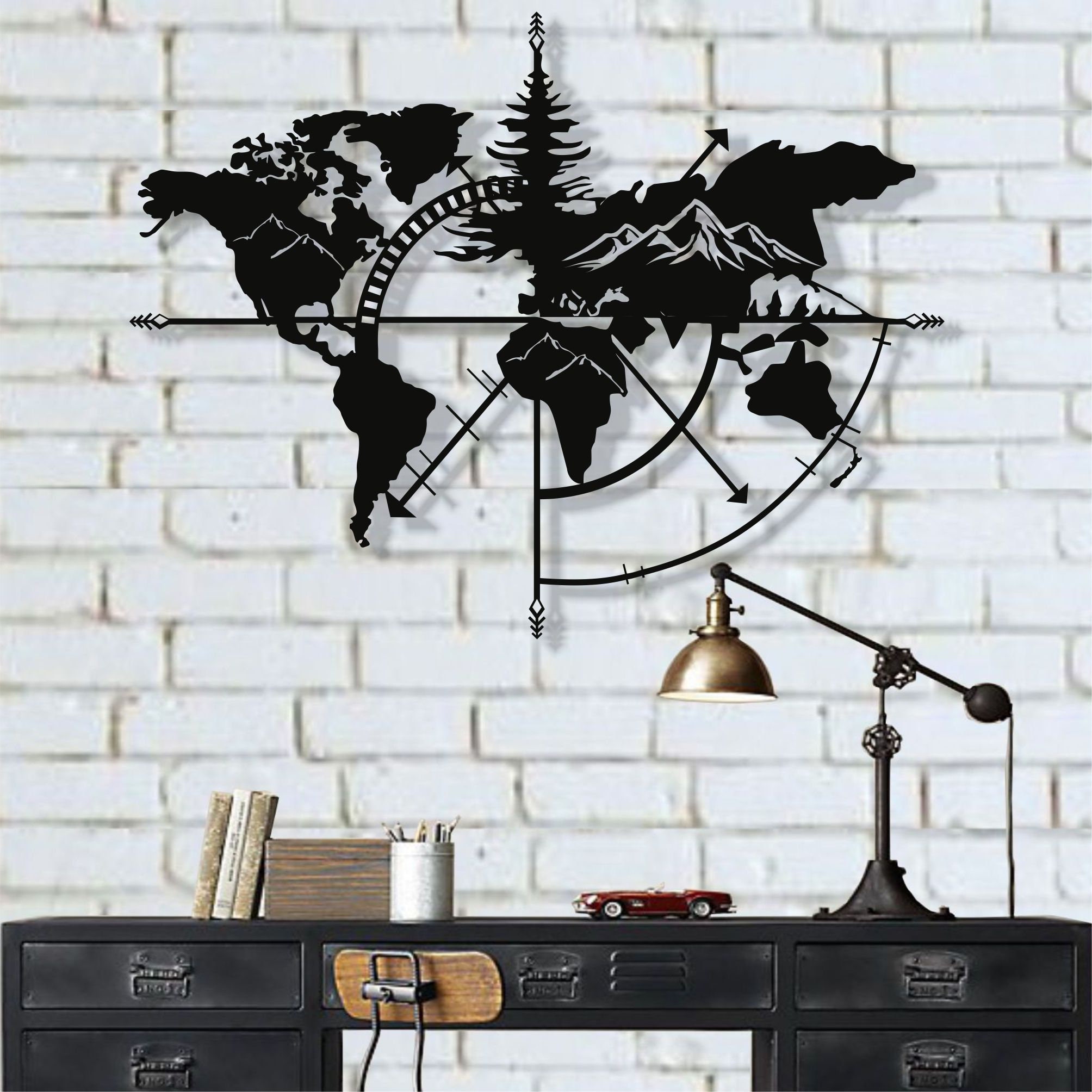 World Map Wall Art Black And White Metal World Map Wall Art Mountain Design World Map Compass | Etsy Singapore