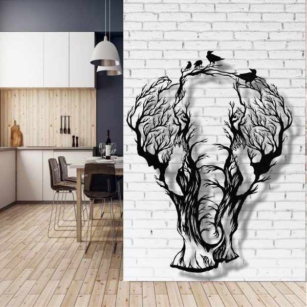 Arte de pared de metal, decoración de elefante de metal, decoración de sala de estar de oficina en casa, regalo de amante de la vida silvestre, colgantes de pared, pájaros y elefante