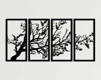 Tree of Life 4 Panels, Metal Tree Wall Art, Tree Sign, Metal Wall Decor, Large Wall Hangings, Metal Wall Art, Home Decoration Black Wall Art