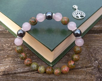 Bracelet pierre Unakite, Quartz Rose et Hématite