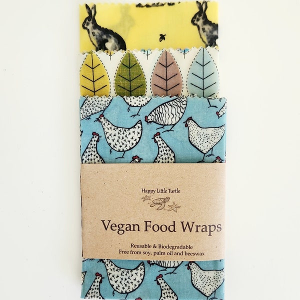 Vegan Food Wrap set of 3 large wraps 30x30cm Biodegradable Eco-Friendly Compostable Reusable Stocking Filler *SELF-CLINGING*