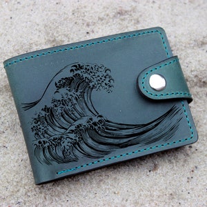 Cartera plegable de cuero / Diseño de la Gran Ola de Hokusai, personalizada