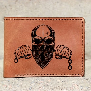 Schedel portemonnee Skelet, Echt Lederen portemonnee, biker portemonnee, Mannen portemonnee, Handgeschilderd, Lederen houtsnijwerk, Aangepaste portemonnee, Gepersonaliseerde portemonnee