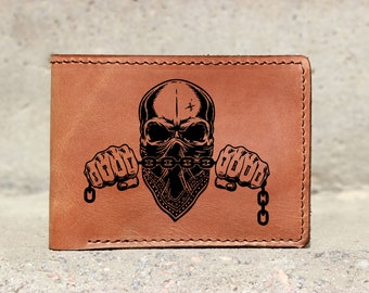 Skull wallet Skeleton, Genuine Leather wallet, biker wallet, Men's wallet, Hand-Painted, Leather Carving, Custom wallet, Personalized wallet