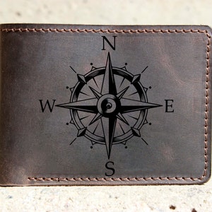 Engraved wallet, Compass wallet, personalized wallet, Orange wallet, handmade wallet, wallet for him, personalized gift for him