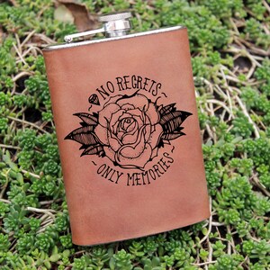 No regrets only memories Leather Wrapped Flask Groomsman Gift Personalized Flask Engraved Steel Bear Flask Wedding Flask Hunter flask gift