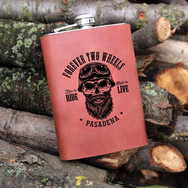 Forever two wheels, Personalized Leather Biker Flask - Custom Biker Flask,Personalized Flask,Gift For Bikers,Motorcycle Flask, Custom Flask