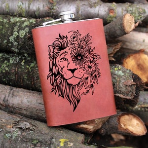 Lion flask Personalized Leather Flask, Groomsmen Flask, Engraved Flask, Hip Flask, Custom Flask, Monogrammed Flask, Flask for Groomsmen