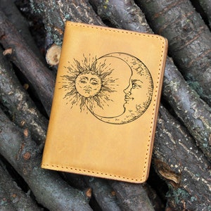 Personalized sun and moon leather passport cover case, bifold passport holder, Monogram passport cover, documents holder