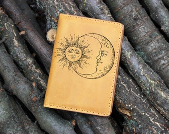 Funda de pasaporte de cuero de sol y luna personalizada, soporte de pasaporte plegable, cubierta de pasaporte de monograma, soporte de documentos