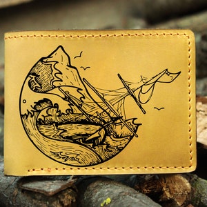 sailor gift wallet, gepersonaliseerde lederen portemonnee 2020, schip en golven portemonnee, echtgenoot cadeau, vader cadeau, aangepaste lederen portemonnee