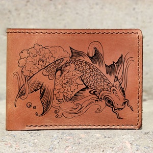 Koi Karper Vis Rode Portemonnee, Koi Lucky vis Gift lederen portemonnee, Koi Japanse Vintage Rode Kaart Biker billfold Portemonnee, Man gift Wallet