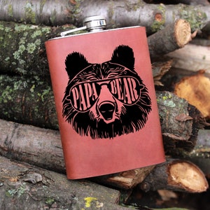Bear 9oz Nature Flask Leather Wrapped Hunter Flask Groomsman Gift Personalized Flask Engraved Steel Bear Flask Wedding Flask Hunter