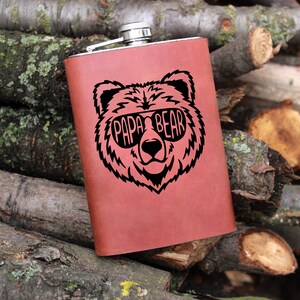 Papa Bear 9oz Nature Flask Leather Wrapped Hunter Flask Groomsman Gift Personalized Flask Engraved Steel Bear Flask Wedding Flask Hunter
