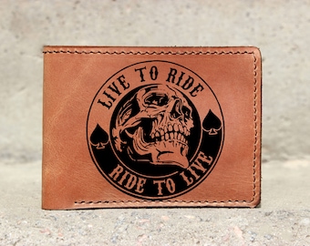 Live to ride Skull wallet Skeleton, Genuine Leather wallet, biker wallet, Men's wallet, Hand-Painted, Leather Carving, Custom wallet