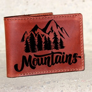 Natur Portemonnaie Herren Leder Portemonnaie Berge Portemonnaie Zweifach Portemonnaie Graviert Personalisiertes Geschenk Berge Brieftasche Sonnenschein Brieftasche