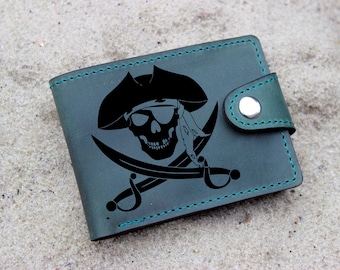 Ship wallet, Dad gift Pirate ship ship engraved wallet Men's Leather Bi-Fold Wallet with Custom Pirate ship Artwork Image Makes a Great Gift