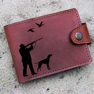 Carteira artesanal de couro de caça/ideia de presente de paisagem de caça de pássaros/ideia de presente de caçador para pai/paisagem panorâmica/carteira masculina personalizada