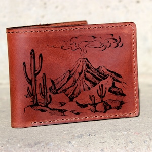Lederen woestijn cactus portemonnee, cadeau voor mannen, unieke portemonnee, lederen portemonnee, interessante portemonnee, tweevoudige portemonnee, kleurrijke portemonnee, coole portemonnee