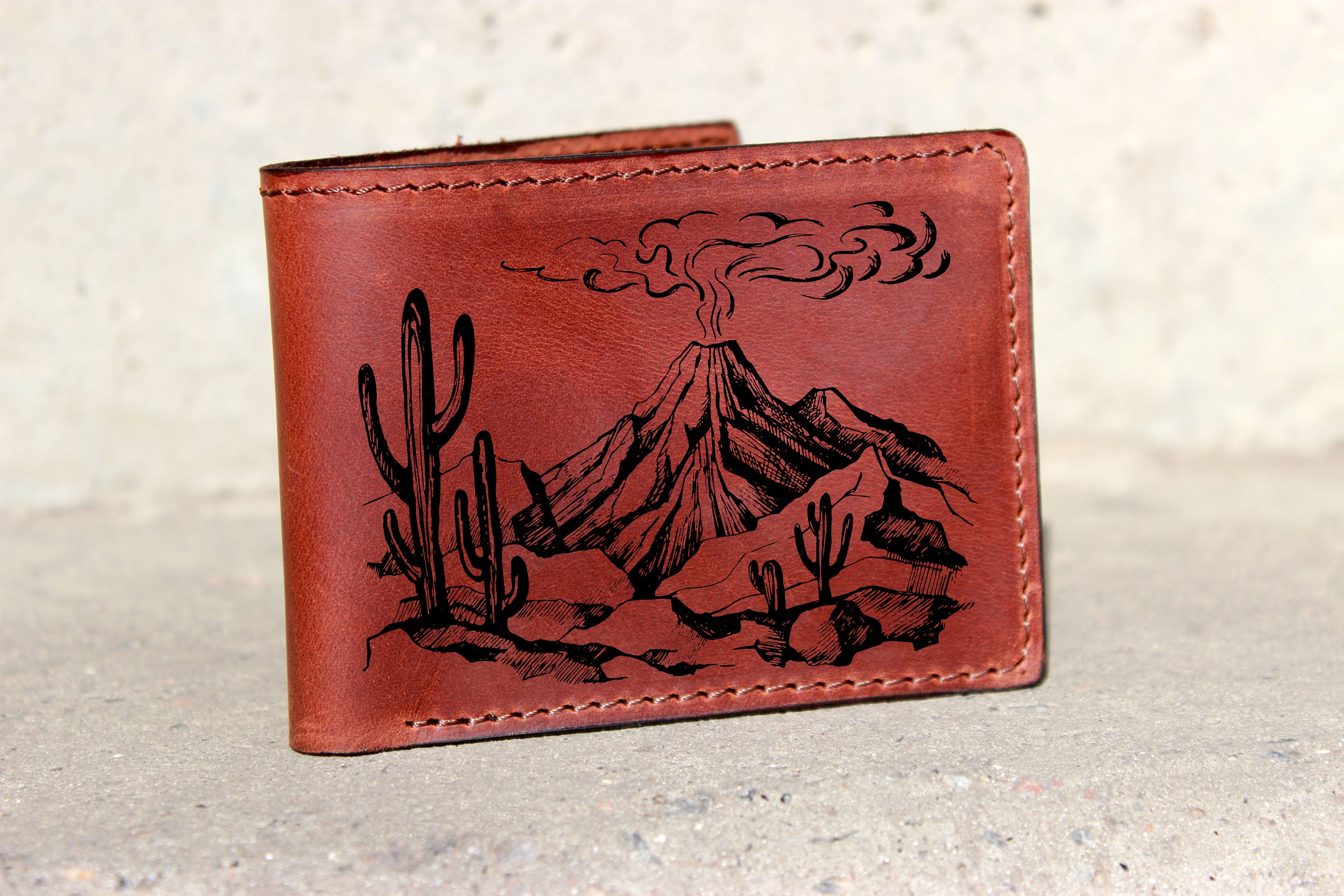 Leather Bifold Wallet, Desert Cactus Engraved, Personalized Gift