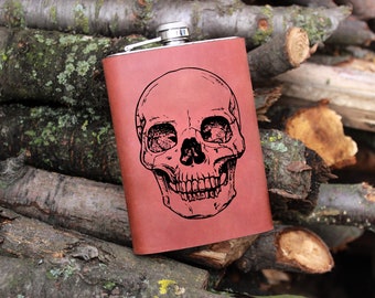 Bottiglia del teschio 9oz Fiaschetta del teschio avvolta in pelle Pallone Groomsman Regalo del teschio personalizzato Fiaschetta incisa del teschio d'acciaio Fiaschetta nuziale Husb