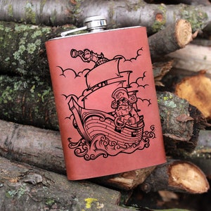 Pirate Flask 9oz Pirate Ship Flask Leather Wrapped Flask Groomsman Gift Personalized Flask Engraved Steel Flask Wedding Flask Pirate Ship