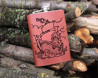 Pirate Flask 9oz Pirate Ship Flask Leather Wrapped Flask Groomsman Gift Personalized Flask Engraved Steel Flask Wedding Flask Pirate Ship