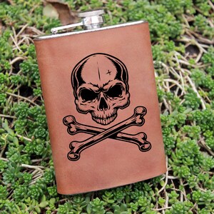 Groom gift, Gift for him, Handmade Leather Wrapped Stainless Steel Flask with sugar skull