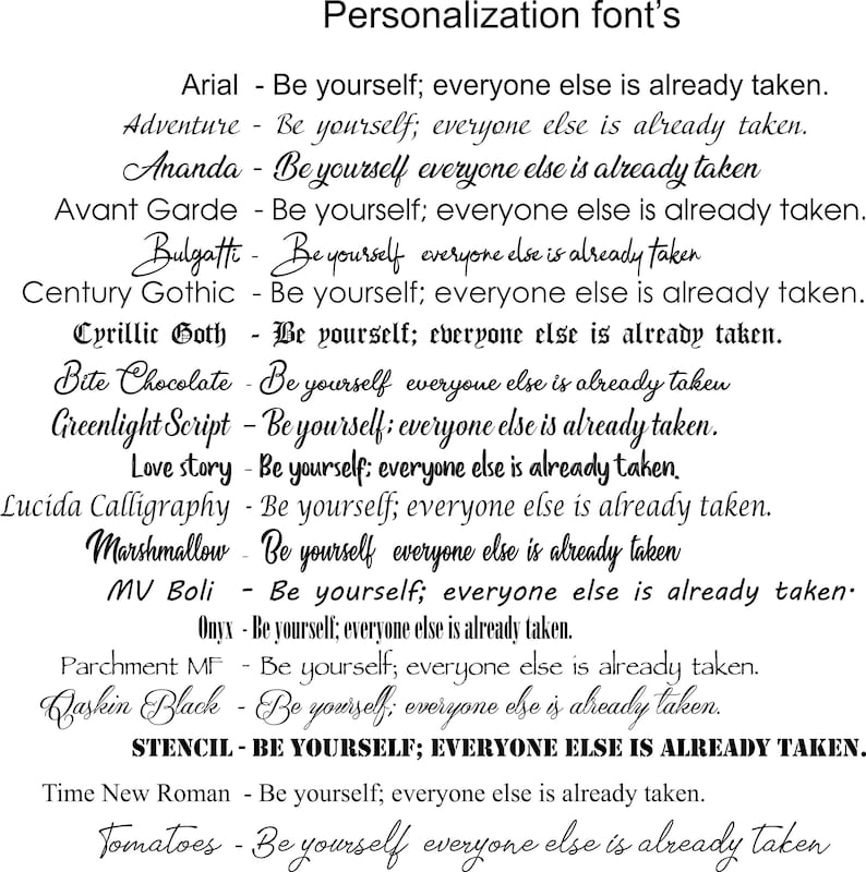 Puede incluir: Una lista de diferentes fuentes con la frase "S&eacute; t&uacute; mismo; todos los dem&aacute;s ya est&aacute;n cogidos." escrita en cada fuente. Las fuentes incluyen Arial, Adventure, Ananda, Avant Garde, Bulgatti, Century Gothic, Cyrillic Goth, Bite Chocolate, Greenlight Script, Love story, Lucida Calligraphy, Marshmallow, MV Boli, Onyx, Parchment MF, Qaskin Black, Stencil, Time New Roman y Tomatoes.