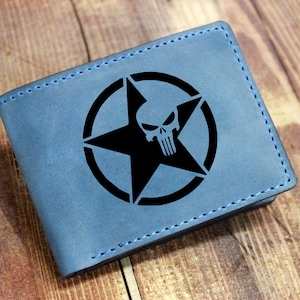 Punisher Skull Leather Wallet, Skull Gift for Him Grooms wallet, Skull Front Pocket wallet Gift Credit Card Bifold Men&#39;s Engraved wallet
